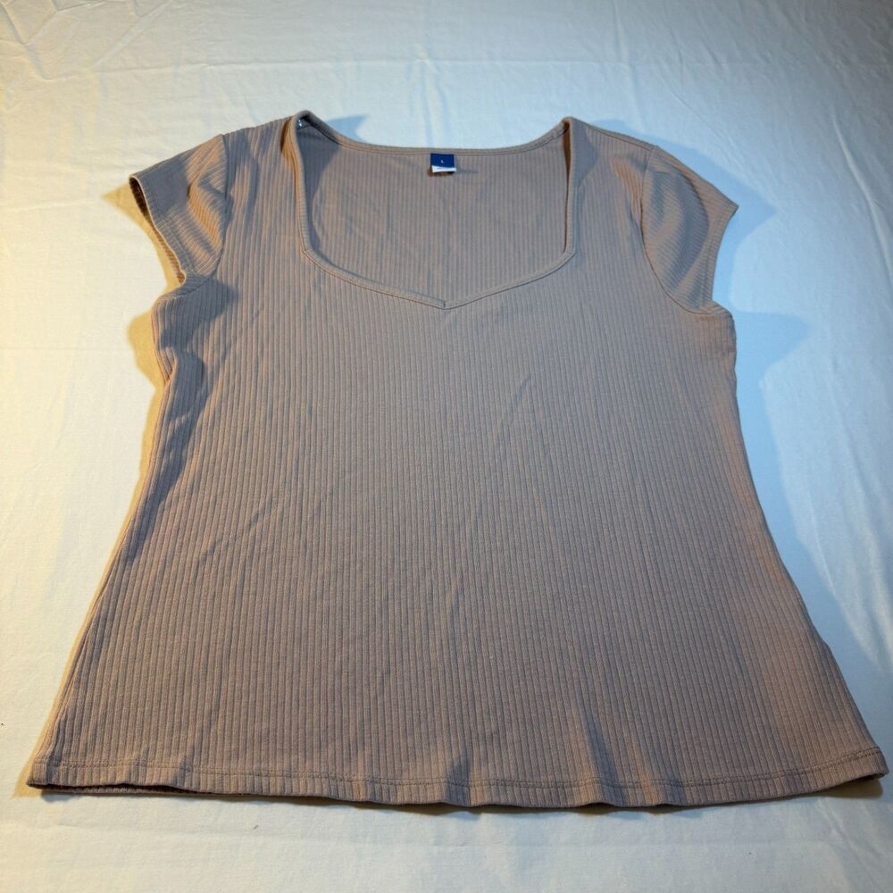 Old Navy L Sweetheart Rib-Knit T-Shirt Womens Tan Cotton Blend Casual Basic Top